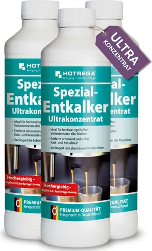 HOTREGA Spezial-Entkalker Ultrakonzentrat - 3x 0,5 Liter für Kaffeevollautomaten - Entkalkung & Reinigung für Kaffee- & Espressomaschinen: Hochwertiger Bio-Entkalker für mühelose Reinigung, verlängert die Lebensdauer Ihrer Maschine und sorgt für perfekten Kaffeegenuss.