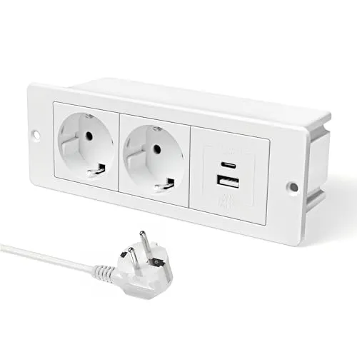 JACEPFY Einbausteckdose PD20W USB-C Schnelllade 2-Fach Tischsteckdose Versenkte Steckdose mit USB Möbelsteckdose für Küche Tischplatte Büro Schreibtisch, weiß