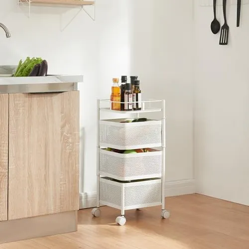 [en.casa] Rollwagen Sunndal – Multifunktionales Küchenregal mit 3 Ebenen - Servierwagen aus robustem Stahl mit ausklappbaren Körben und 4 Rollen für flexible Nutzung in Küche, Bad oder Büro. Optimal für die Organisation und Präsentation von Lebensmitteln.