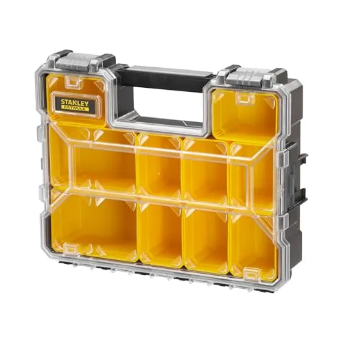 STANLEY FATMAX Profi Werkzeug-Organizer (45 x 12 x 36 cm, tiefe Fächer, mit transparentem, schlagfestem Deckel, integriertem Griff & Kunststoffschließen, 10 herausnehmbare Boxen) 1-97-521