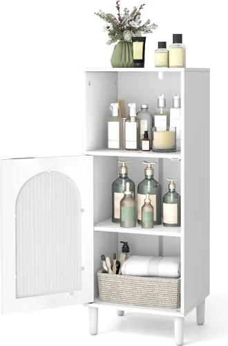 COSTWAY Badezimmerschrank, Holz-Aufbewahrungsorganisator mit verstellbarem Regal, einzelnem Tür aus Glas, Kippschutz-Kit & solide Holzbeine Weiß