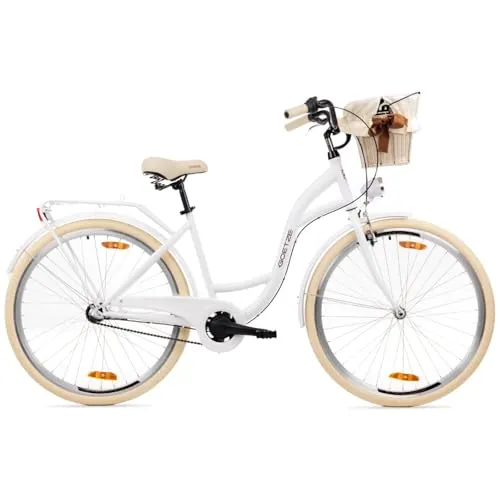 Goetze Style 28 Zoll Damen Citybike, 18 Zoll Tiefeinsteiger, 3-Gang Nabenschaltung, Rücktrittbremse und V-Bremse, LED-Beleuchtung, Rattankorb, Komfortsattel, mit Seitenständer & Klingel