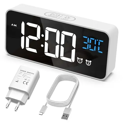 HERMIC Digitaler Wecker, Nachttischwecker mit Temperatur, Digitaluhr mit 2 Alarmen, Snooze, 4 Helligkeitsstufen, Sprachsteuerung, USB-Aufladung, 12/24-Stunden-System (weiß)