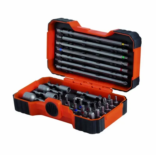 BAHCO Bit Box 35tlg. - Hochleistungsstahl Bit Set - Werkzeug-Set mit 35 sandgestrahlten Bits in orange, ideal für TORX-, Sechskant-, Phillips- und Pozidrive-Schrauben, aus Hochleistungs-Stahllegierung für langlebige Nutzung.