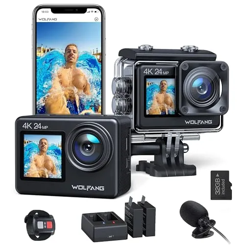 WOLFANG GA200 Action Cam 4K 24MP Unterwasserkamera WiFi 40M wasserdichte EIS Bildstabilisator Touchscreen Helmkamera 170° Weitwinkel Camcorder (Ladegerät, 2 Akkus und Zubehör Kit)