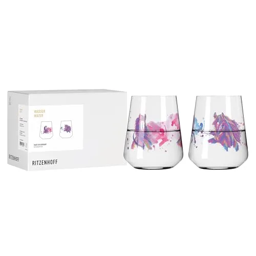 RITZENHOFF 8086002 Wasserglas 2er Set 500 ml, Serie Reitgold - 2 Stück mit Motiv Pferde lila-pink, Made in Germany