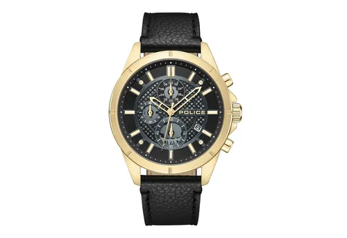 Police BURBANK PEWGC0054001 Herrenchronograph - Robuste Eleganz in Schwarz - Chronograph für Herren mit präzisem Quarzwerk, schwarzem Zifferblatt und goldenen Akzenten. Ideal für aktive Männer, wasserdicht bis 5 ATM und mit stilvollem Lederarmband.
