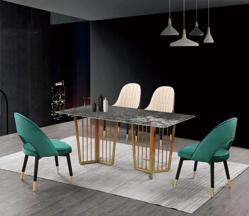 Komplettes Esstisch-Set mit 4 Stühlen – Modernes 5-teiliges Möbelset - 5-teiliges Set für das Esszimmer: Esstisch und 4 Stühle aus hochwertigem Edelstahl und Marmor. Modernes Design, ideal für stilvolle Essbereiche. Maße Esstisch: 180x90x75 cm.