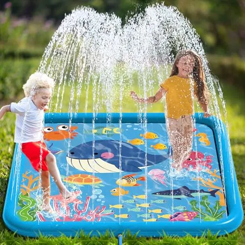 Edmirfun 170CM Splash Pad, Wasserspielmatte, Großer Platz PVC-Spritz Sprinkler Anti-Rutsch, Kinder Play Matte Sommer Outdoor Spielzeug für Baby und Haustiere Party Outdoor Garten Familie Aktivitäten