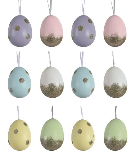 Decoris season decorations Osterei, Ostereier zum Aufhängen mit Glitzer Punkten 6cm Pastell Mix 12 Stück