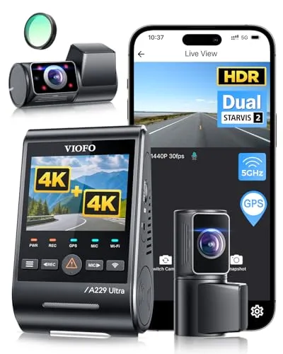VIOFO A229 Ultra 3 Lens Dashcam Auto, Dual 4K + 1080P vorne hinten innen, 210° Fisheye Innenraum Autokamera, Triple STARVIS 2 Sensoren & Dual 4K HDR, 5GHz Wi-Fi & GPS, Sprachsteuerung, Nachtsicht 2.0