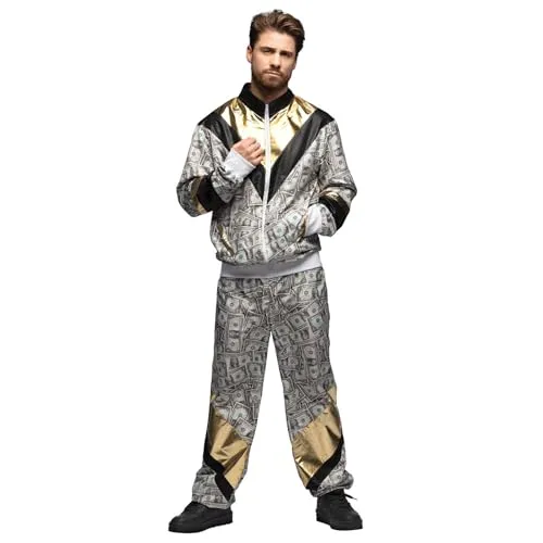 Boland - Herren Trainingsanzug im 90er Jahre Stil für Fasching und Mottopartys - Stylischer Trainingsanzug von Boland im Retro-Design mit Dollar-Scheinen. Perfekt für Fasching, Halloween und Mottopartys. Inklusive praktischer Taschen für zusätzlichen Komfort.