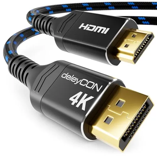 deleyCON 0,5m 4K DisplayPort auf HDMI Kabel Kurz (für HDMI Monitor, TV, Beamer)
