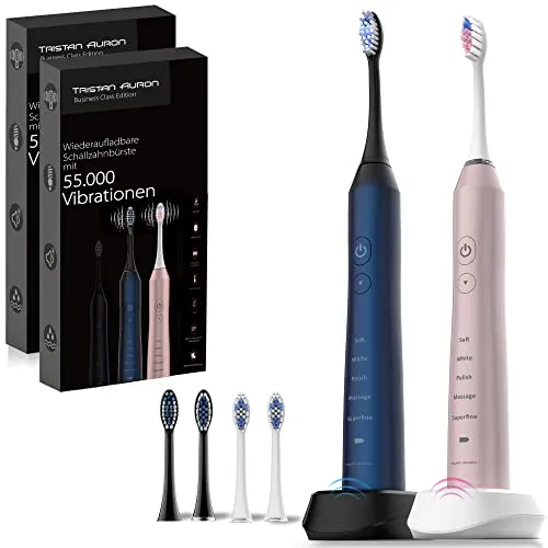 Tristan Auron Elektrische Zahnbürste Doppelpack - Elektrische Zahnbürsten mit Schalltechnologie, 55.000 VPM und 60 Tagen Akkulaufzeit. Inklusive 4 Aufsteckbürsten und IPX7 wasserdicht für eine gründliche und leise Reinigung.