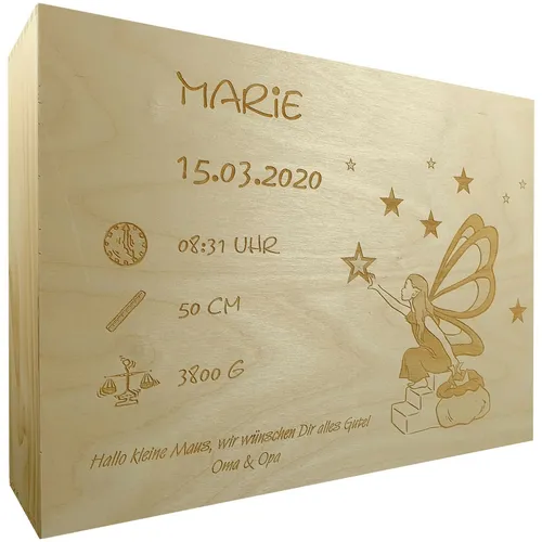 Erinnerungskiste Holzkiste personalisiert Geschenk zur Taufe Geburt Elfe