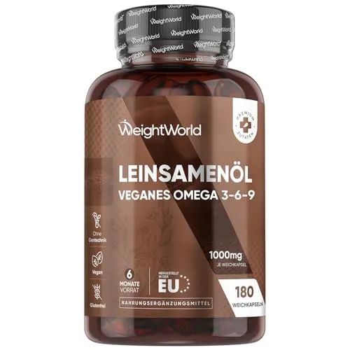 Omega 3 6 9 Vegan Weichkapseln - Aus Leinsamenöl - 180 Vegan Softgels - 1000mg pro Weichkapsel - 1 pro Tag - Alpha Linolensäure, Linolsäure, Ölsäure - Flaxseed Oil - Ohne Gentechnik - WeightWorld