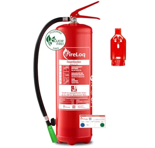 FireLoq 9L fluorfrei Wasser Feuerlöscher für Brandklasse A mit 13A ergibt 4LE Dauerdruck inkl. Prüfnachweis,Wandhalter und Manometer