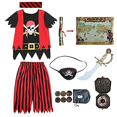 Sincere Party Aufrichtige Partei Piratenkostüm für Kinder, Piraten-Rollenspiel-Kits 8er Komplettset Größe 7-8 Jahre