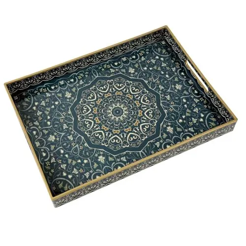 Fuukou Kunststoff-Serviertablett mit Griffen, großes Ottoman-Tablett für Wohnzimmer, große, rechteckige Tabletts für Ottomane, Couchtisch, dekoratives blaues Boho-Serviertablett für Heimdekoration