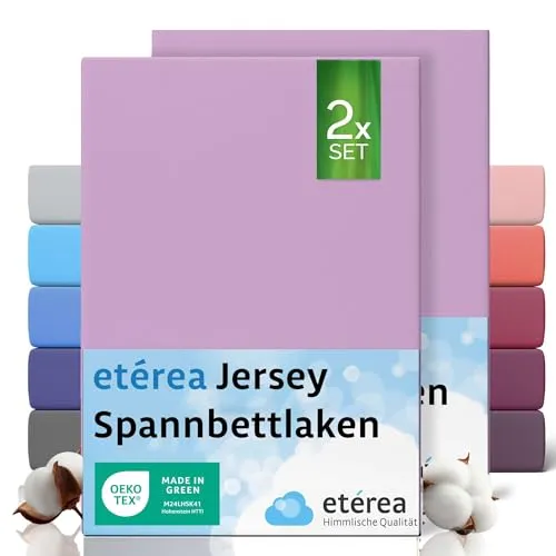 etérea Jersey 2er Set Spannbettlaken 80x160cm - 80x180cm Flieder bis 20 cm Höhe - 100% Baumwolle Spannbetttuch Oekotex - Kinder Doppelpack Bettlaken 80x160 cm - 80x180 cm - Lila