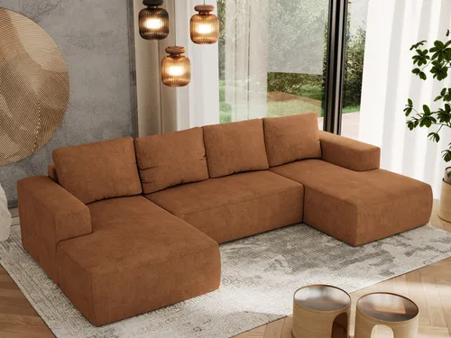 MKS MEBLE Sofa mit Schlaffunktion - Trentino U in Orange - Ecksofa mit Schlaffunktion und Bettkasten, bietet großzügigen Stauraum und hohen Komfort durch Wellenfedern. Ideal für moderne Wohnzimmer und Übernachtungsgäste.