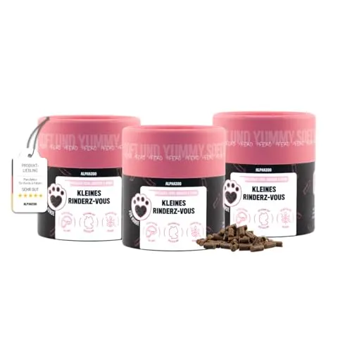 alphazoo Kleines Rinderz-Vous 3 x 65g – Softer Hundesnack mit 90% Rind, Himbeere & Spinat. Getreidefrei & ohne Farbstoffe oder Konservierungsstoffe. Leckerer Belohnungs- & Trainingssnack
