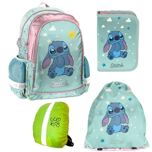 Goldkids Schulranzen Set für Kinder - 4-teilig mit Stitch Motiv - Schulranzen Set für Jungen und Mädchen, ergonomisch, wasserabweisend und leicht. Enthält Rucksack, Federmäppchen und Turnbeutel – ideal für die 1-3 Klasse!