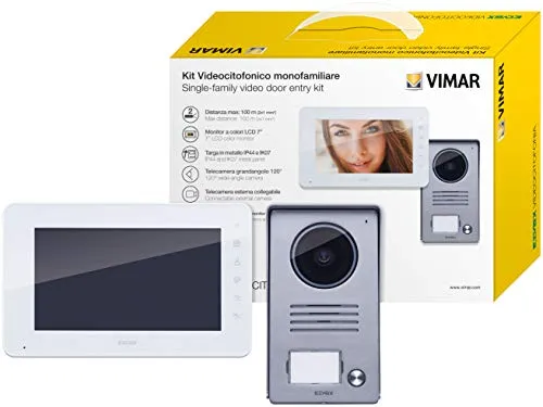 VIMAR K40930 Videosprechenalagen-Set enthält Freisprech-Videohaustelefon LCD 7in, 1-Taste Klingeltableau mit Regenschutz, DIN Netzgerät, 1 Familie