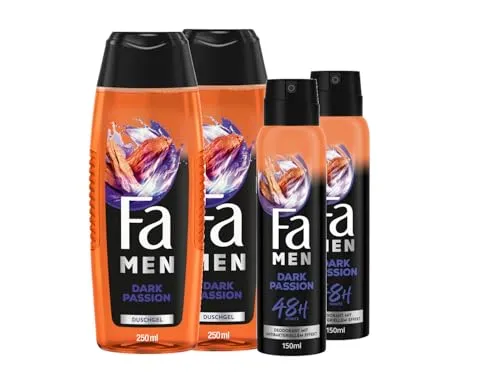 FA Men Duschgel Dark Passion (2x 250ml) 2in1 für Körper & Haar & Deospray (2x 150 ml), mit dem maskuliner Duft von verführerischem Sandelholz & orientalischen Gewürzen