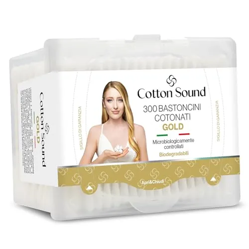 COTTON SOUND Gold Stäbchen aus biologisch abbaubarem Papier, 1 Packung x 300 Stück, ideal für empfindliche Haut, hergestellt in Italien