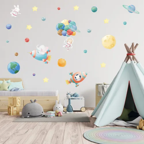 Weltraum Tiere Wandtattoo Sticker Folie Aufkleber Kinder Zimmer DINA4 Y037-8