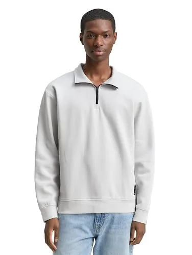 TOM TAILOR Denim Herren 1049013 Troyer Sweatshirt mit Logo-Badge, 15277-Chalk Grey, L