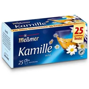 Meßmer Tee Kamille - 25 Teebeutel, 37,5g - Kräutertee aus feinsten Kamillenblüten, mild und blumig im Aroma. Ideal für entspannende Momente. 70% Rainforest Alliance Certified.