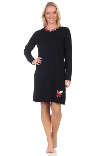 Normann Damen Langarm Nachthemd mit niedlichem Tiermotiv in schwarz von Normann