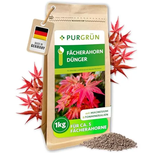 Purgrün Fächerahorn Dünger 1 kg - NPK 5+4+6 mit Magnesium - Pflanzendünger für Fächerahorne – Fördert gesundes Wachstum und lebendige Laubfärbung durch hohen Kalium- und Magnesiumgehalt, ideal für robustes Pflanzenwachstum.