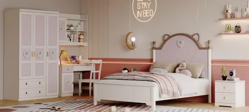 Design Kinderzimmer Set mit Kleiderschrank und 2 Nachttischen - Vielseitiges Set für das Jugendzimmer: Inklusive Bettrahmen, Kleiderschrank und zwei Nachttischen aus Holz. Modernes Design und praktische Stauraumlösungen für ein stilvolles Ambiente.
