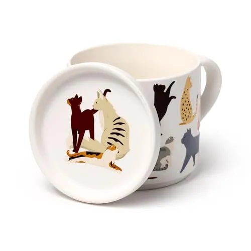 Puckator Set Tasse aus Porzellan und Untersetzer/Deckel 2 in 1 – Katzen Feline Fine – Groß