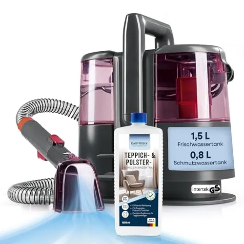 CLEANmaxx Teppichreiniger Pro Power mit EASYmaxx Konzentrat - Effektiver Nasssauger für Teppiche, Polster und Matratzen. Mit 600 W Saugkraft entfernt er mühelos hartnäckige Flecken. Inklusive 1 L Konzentrat für bis zu 50 L Reinigungsmittel – ideal für den täglichen Einsatz!