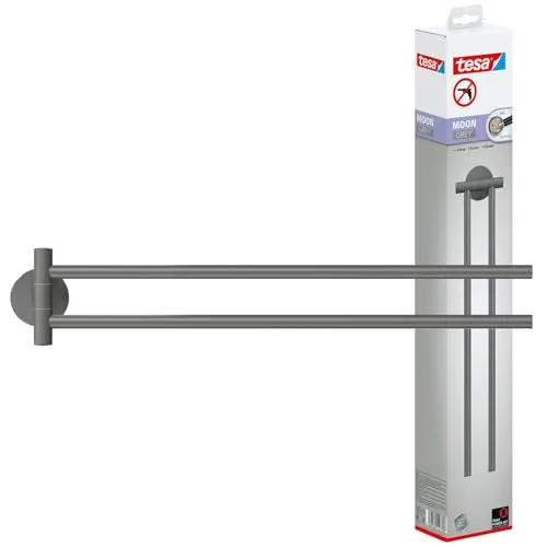 tesa Moon Grey Handtuchhalter 2-armig, matt grau - Handtuchhalter für Bad & WC im modernen Industrial Style, bohrfrei, einfach zu montieren und ablösbar - ideal für elegante Badezimmergestaltung.