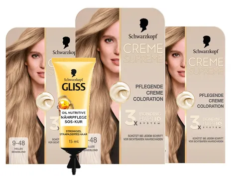 CREME SUPREME 9-48 Helles Beigeblond 3x 182ml, 1x GLISS SOS-Intensiv-Kur Oil Nut