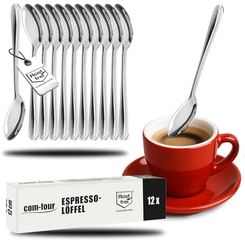 COM-FOUR® 12x Espressolöffel aus rostfreiem Stahl - stilvolles Tafelbesteck im schlichten Design - Teelöffel - Dessertlöffel - Teeservice (12 Stück - Espresso Löffel 12cm)