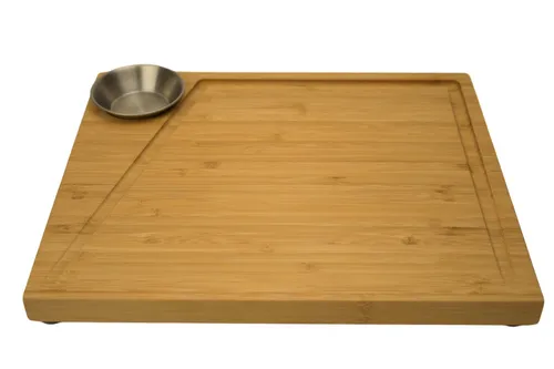 cleenbo Steakteller Steakbrett mit Saftrille aus Bambus und Soßenbehälter - 30 x 25 x 3cm, Rutschfest, Saftrille + Edelstahl Soßenbehälter