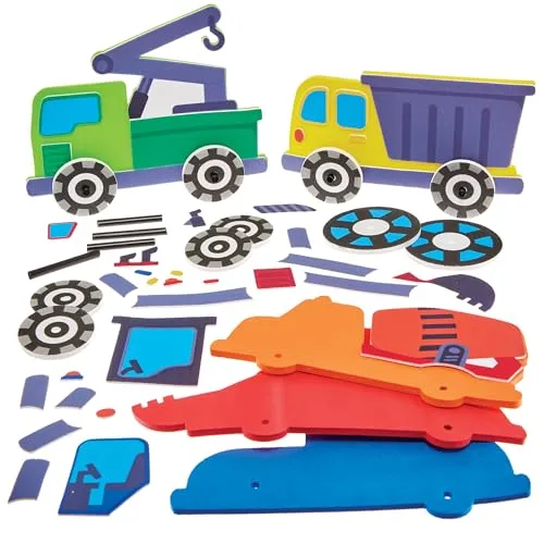 Baker Ross FN072 Baufahrzeuge Schiebesets, 5er-Pack, kreative Bastelsets für Kinder, bewegliche Fahrzeug Modelle zum Gestalten