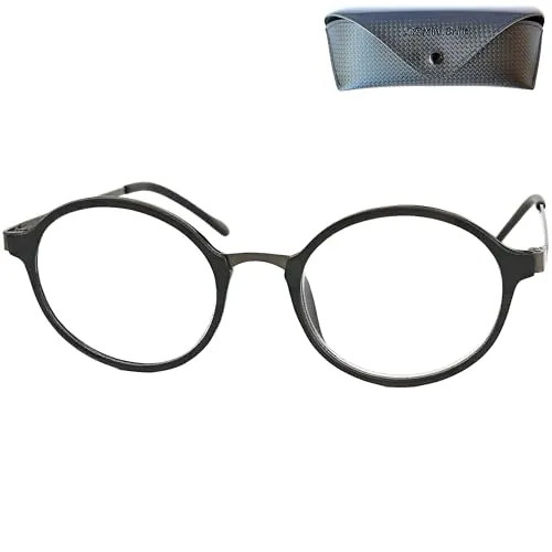 Mini Brille Runde Lesebrille - mit Gratis Etui, Kunststoff Rahmen (Schwarz), Metall Brücke und Bügeln (Graphit), Lesehilfe für Damen und Herren +2.0 Dioptrien