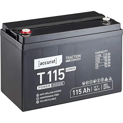 Accurat AGM Batterie T115-12V, 115Ah, zyklenfest, wartungsfrei - Traction Versorgungsbatterie, Carbon Blei Akku, Solarbatterie, Bootsbatterie für Wohnmobil, Wohnwagen, Camper, Bootsbatterie