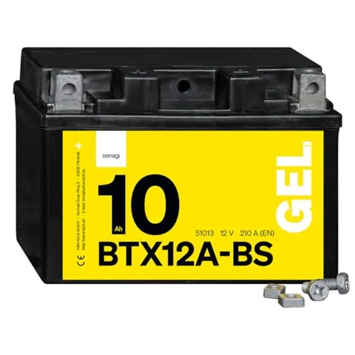 Denagi 51013 GEL BTX12A-BS Motorradbatterie 12V 10Ah, Ersetzt YTX12A-BS, wartungsfrei versiegelt vorgeladen