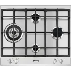 Smeg Selezione P261xgh Gasherd 60 Cm Silber - Kochfeld mit 4 Gaszonen, darunter ein leistungsstarker Wokbrenner. Edelstahl-Design, integrierte elektronische Zündung und perfekte Sicherheit durch Thermoelemente.