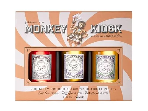 Monkey Kiosk Gin Probierset - Gin Probierset mit 3 x 5 cl Monkey 47 Gin, Monkey Sloe Gin & Monkey Gin Barrel Cut. Perfekt für Gin-Liebhaber und als Geschenk für besondere Anlässe.