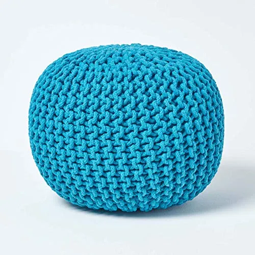 Homescapes Pouf Strickpouf rundes Bodenkissen, Sitzpouf 35 x 40 cm, gepolsterter Sitzhocker, Sitzpuff/Puff mit grob gestricktem Bezug aus 100% Baumwolle, Strickpuff, türkis/blaugrün