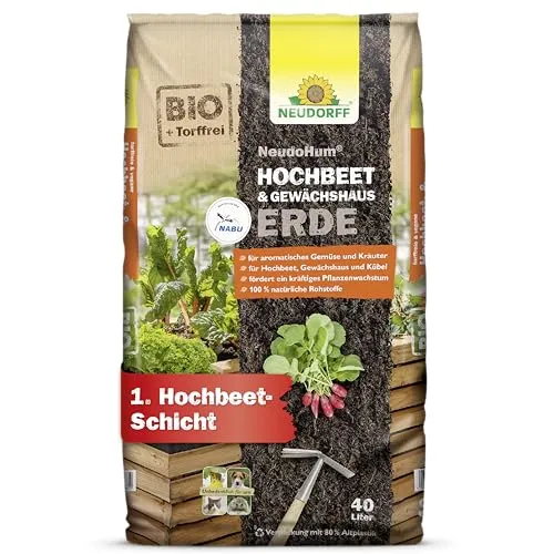 Neudorff NeudoHum HochbeetErde 40L torffreie GewächshausErde - Bio-Erde für leckeres Gemüse und aromatische Kräuter - 100% vegan - für 4 Wochen vorgedüngt